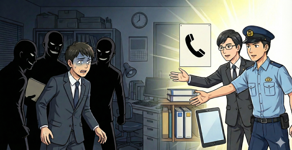 闇金トラブルで脅迫される中小企業経営者に対し、弁護士と警察官が適切な対処法で救いの手を差し伸べている。