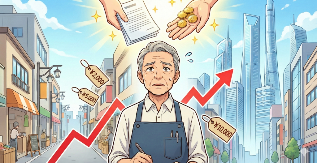 物価高騰を示す赤い矢印と値札に囲まれ困惑する中小企業の店主へ、上空から支援策を表す書類と硬貨が差し伸べられている。