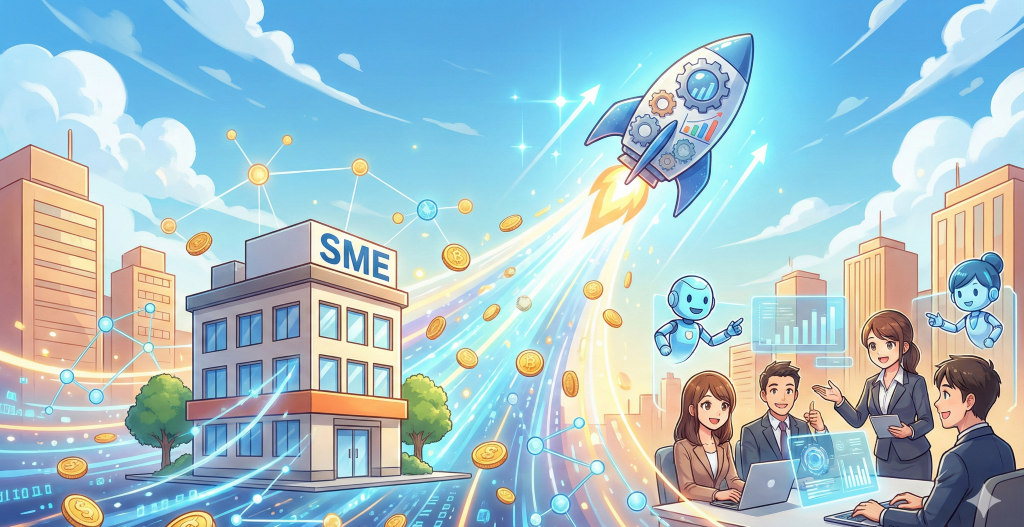 最新金融サービスやデジタル技術を活用し、中小企業がロケットのように力強く成長する様子。ビジネスパーソンが笑顔でデータ分析を行い未来を見据える。