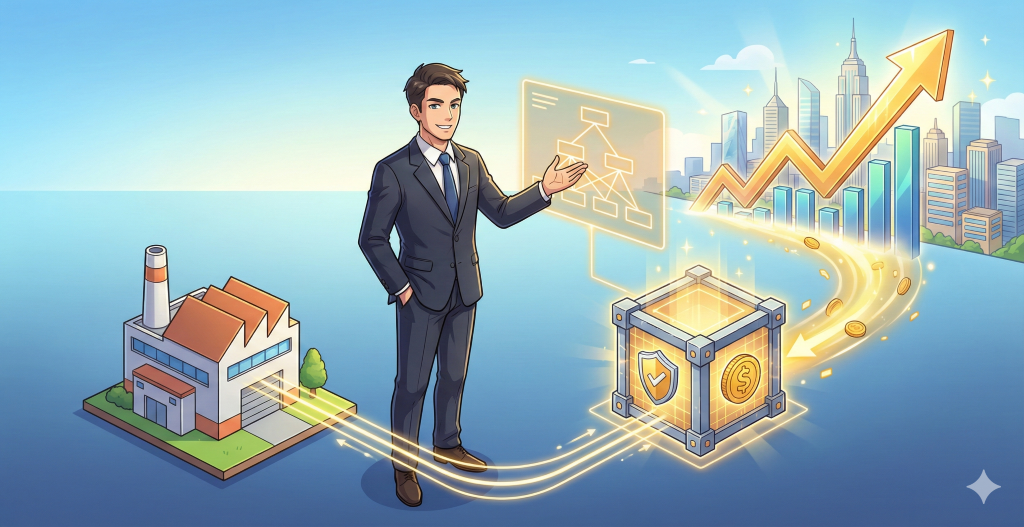 中小企業経営者がSPCの仕組みを活用し、資金調達の円滑化やリスク回避といったメリットを享受して事業が成長する様子を描く。