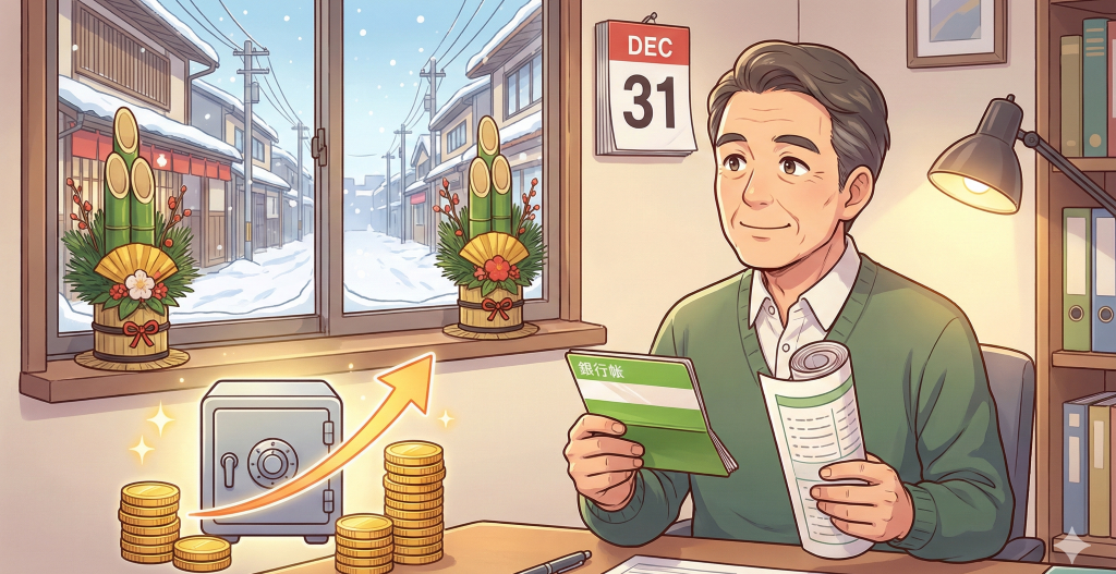 年末のオフィスで通帳と書類を持つ中小企業経営者が、金庫と右肩上がりの矢印を見て安堵する様子。窓の外には門松と雪景色が広がる。