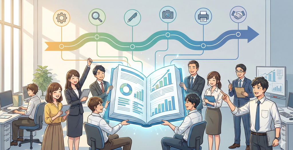 6ヶ月間の制作スケジュールを示すロードマップを背景に、社内の多様なチームが協力して輝く統合報告書を完成させている様子。