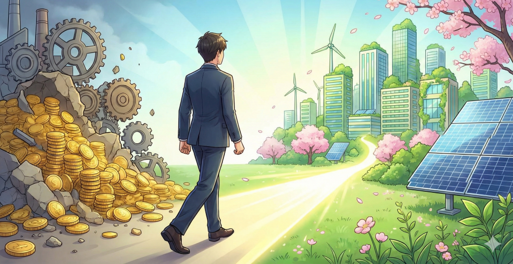 利益至上主義の金貨の山から脱却し、CSRと企業経営が目指す持続可能な成長を象徴する緑豊かな未来都市へ歩みを進めるビジネスマン。