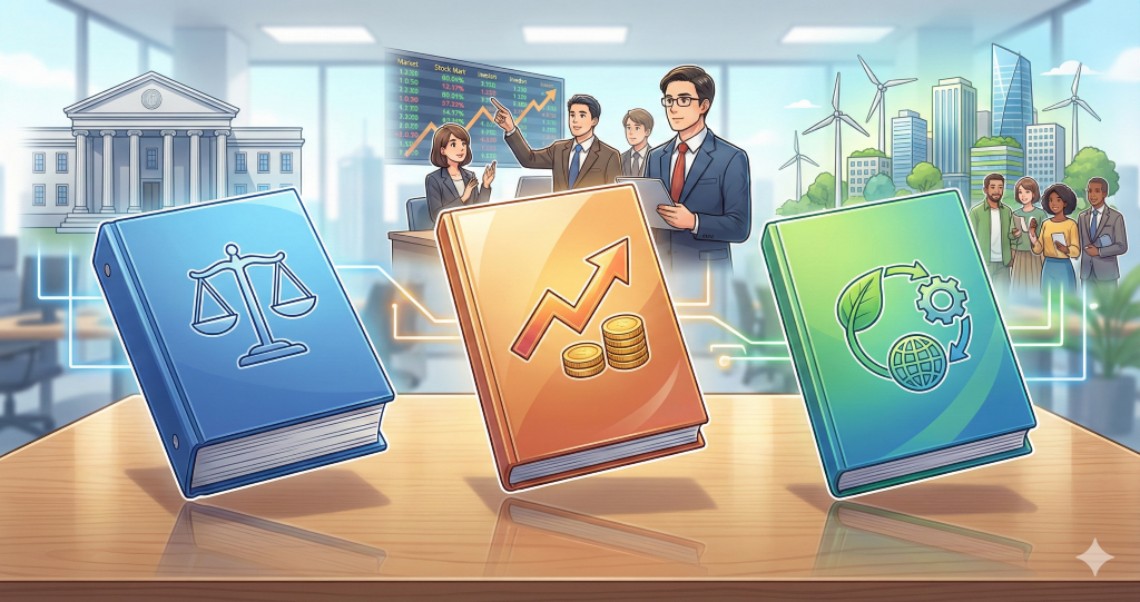 有価証券報告書、アニュアルレポート、統合報告書の違いと役割を、天秤、上昇矢印、地球のアイコンが付いた3冊の冊子で視覚的に比較表現。