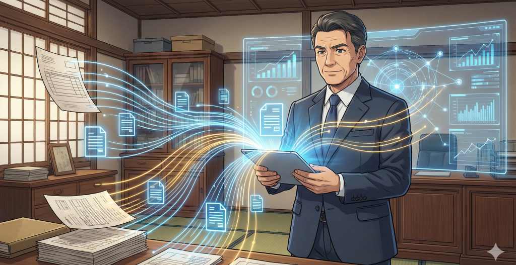 インボイス制度導入に向け、タブレットで経理データを管理し、中小企業経営の効率化とデジタル化を推進する経営者の姿。