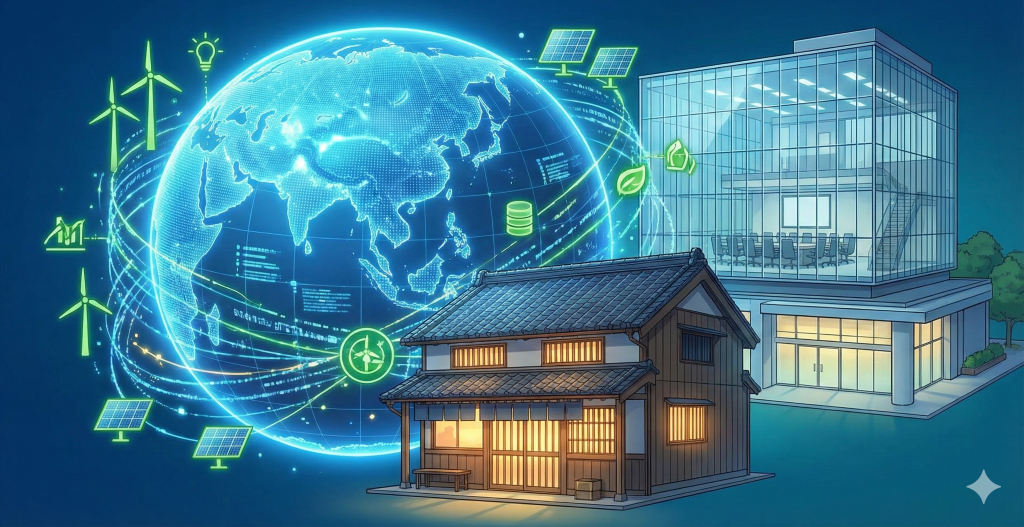 風力発電や太陽光パネルに囲まれた地球と巨大なビルが、伝統的な日本家屋と対峙する構図。グローバリズムや脱炭素の潮流と向き合う中小企業の姿。