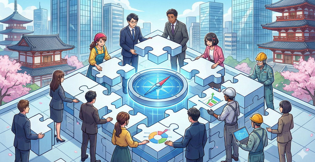 伝統と近代が融合する日本企業で、多様な人材が羅針盤を囲みパズルを組む姿は、ジョブ型時代の雇用ポートフォリオによる組織戦略を象徴。