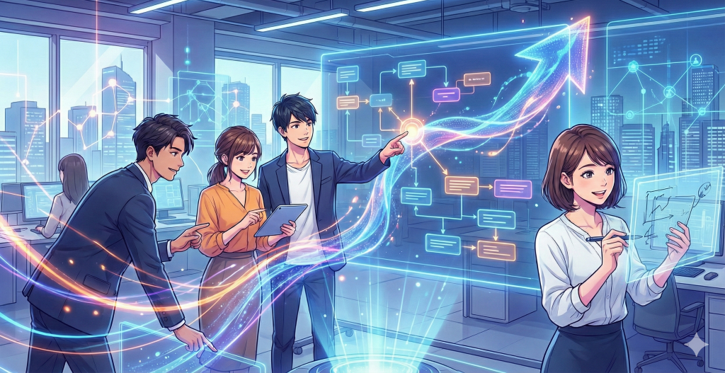 デジタル化されたオフィスでチームが連携しアジャイル開発の工程をホログラムで操作しながらDX推進へ向けてスピード感を持って取り組む。