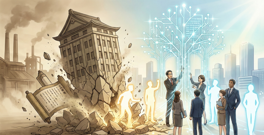 三種の神器に象徴される日本的経営の崩壊と、瓦礫の中から輝く多様な人材が未来を創る人的資本経営への進化を描いた情景。