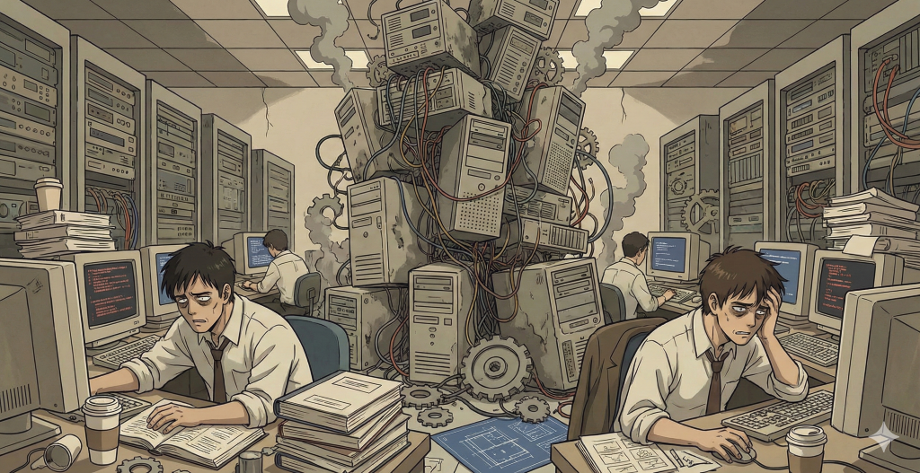 煙を上げて崩壊する20年前の巨大サーバーと、書類の山で疲弊したエンジニアたちによるDX失敗事例とプロジェクト破綻の混沌とした様子。
