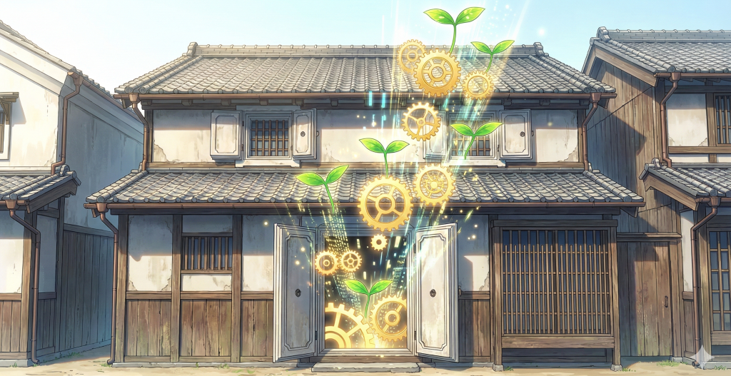 老舗企業の象徴である日本家屋から、第2創業を表す輝く歯車と若葉が力強く芽吹く。成熟産業における事業再生と新たな成長の始まり。