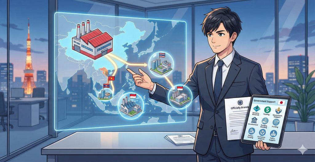 チャイナ・プラス・ワンに取り組む日本のビジネスマンが、中国とASEAN諸国の工場を示す地図を前に戦略を練り、傍らには政府支援の書類がある。日本企業の具体策を示す。