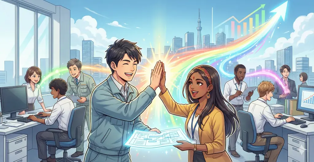 多様な国籍の社員が協力し、育成就労制度を通じて共に成長する活気ある職場。外国人採用を武器に変え、未来を切り拓く様子。