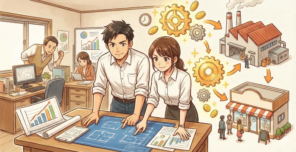 明るいオフィスで図面を囲む男女。経営判断を具体策に変え、黄金の歯車と資金が工場や店舗の発展へと繋がっていく中小企業の資金戦略。