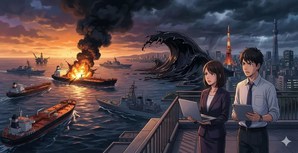 2026年米イラン紛争によりペルシャ湾で燃え上がるタンカー。深刻な表情で見つめる日本人ビジネスパーソンと、不穏な東京の街並み。第3次石油ショックの危機。