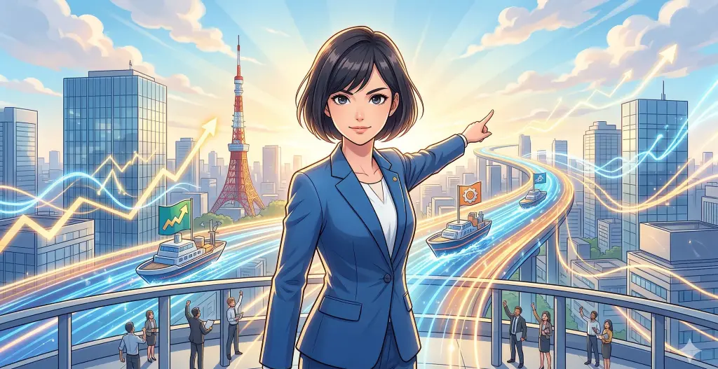 アニメスタイル。2026年の日本で、自信に満ちた女性リーダーが、中小企業の飛躍を象徴する光り輝く経済航路を指し示す。