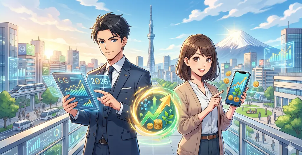 2026年の都市部で、男女が日本経済の成長グラフや資産運用の進捗を端末で確認する様子。インフレ時代を力強く生き抜く戦略を表現。