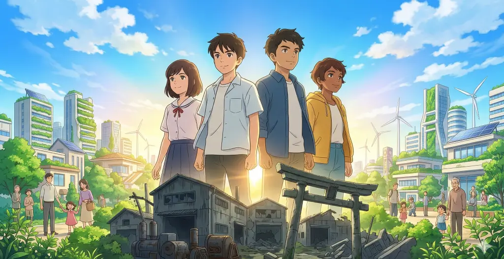 崩れかけた古い日本型社会システムの象徴を背に、多様な若者たちが緑豊かで調和した持続可能な未来を見つめ、再定義を表現。