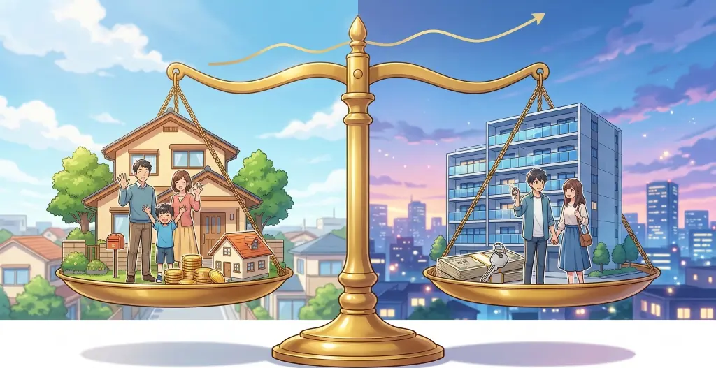 庭付きの一戸建てと都会のアパートが天秤の左右で比較されるイラストレーション。持ち家と賃貸、どちらが有利か住宅経済の視点で表現している。