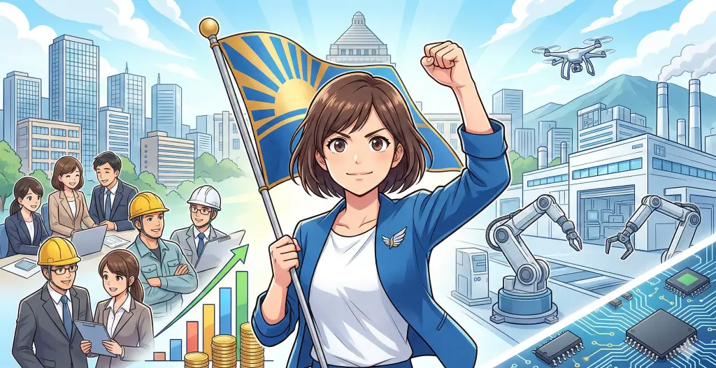 旗を掲げる女性を中心に上昇グラフや働く人々、産業ロボットを配置し、日本経済の成長と雇用、産業育成が力強く進む様子を活気ある構図で表現している。