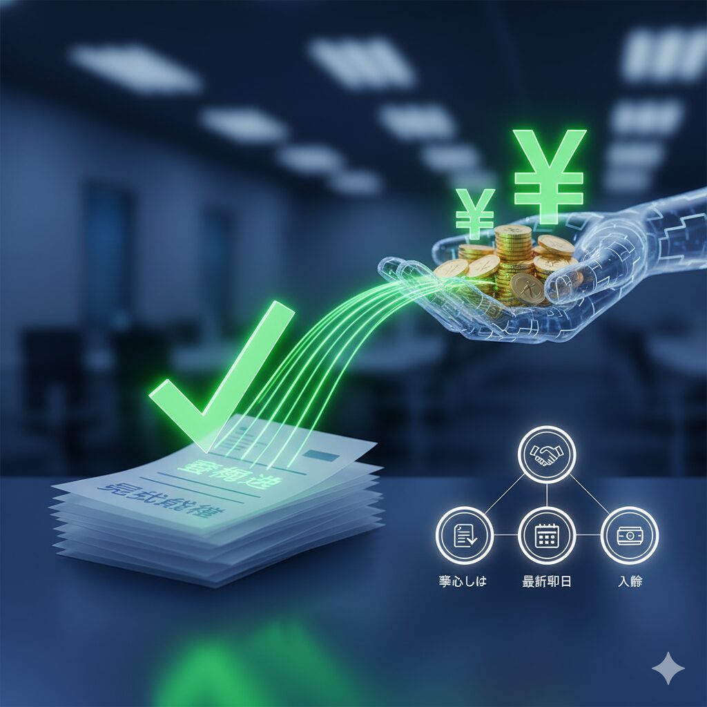 書類が審査を経て現金化されるファクタリングの利用の流れを示すミニマルなイラスト。アクセルファクターのスピーディーな手続きと高い審査通過率を象徴。