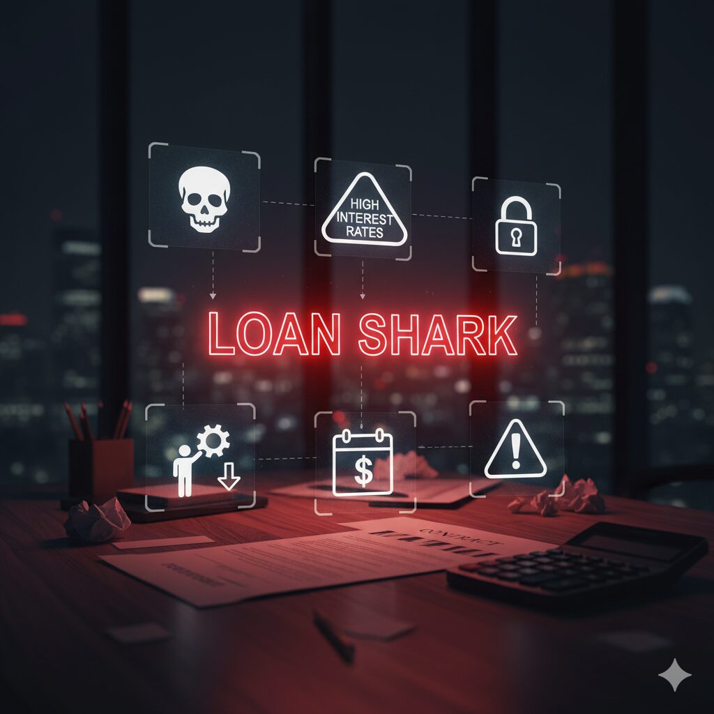 ファクタリングを装ったヤミ金のリスクと危険性を象徴する、暗い雰囲気のビジネスイメージ。画面中央には「LOAN SHARK」の文字と危険を示すアイコンが浮かび上がっている