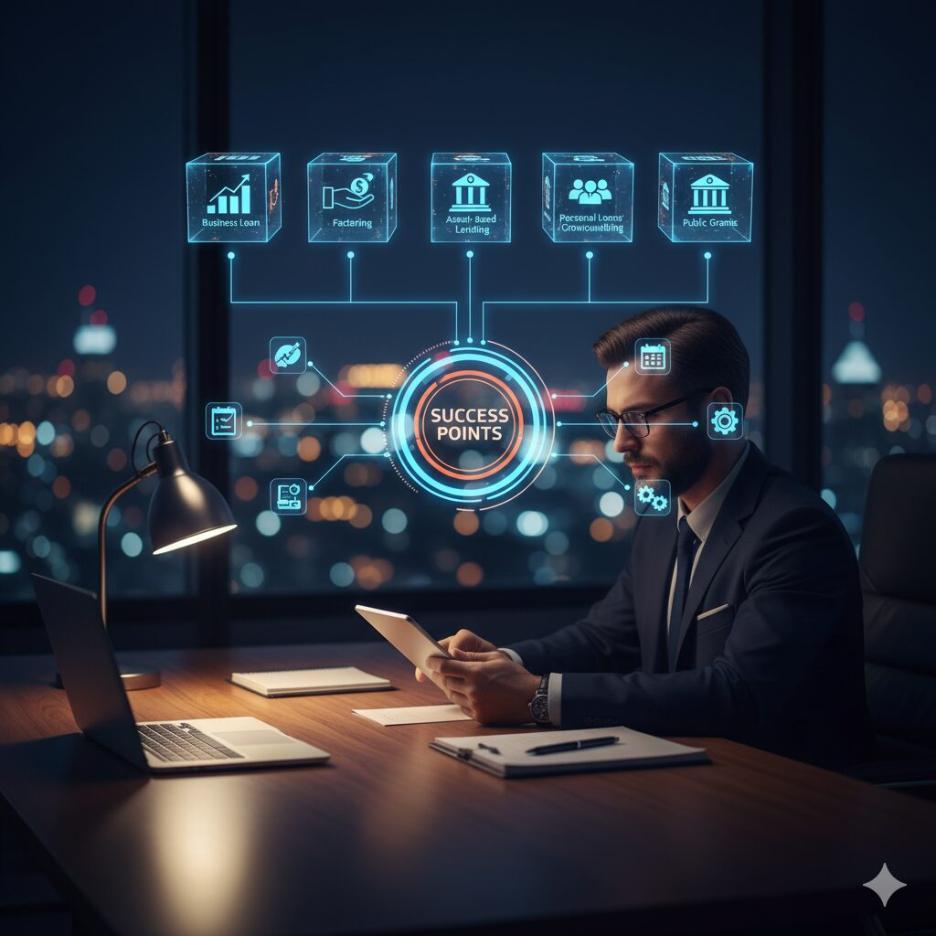 緊急時の資金調達方法と成功のポイントを視覚的に表現したビジネスイメージ。デスクでデバイスを操作する人物と、様々な資金調達の選択肢と解決策を象徴するホログラムアイコンが配置されている。