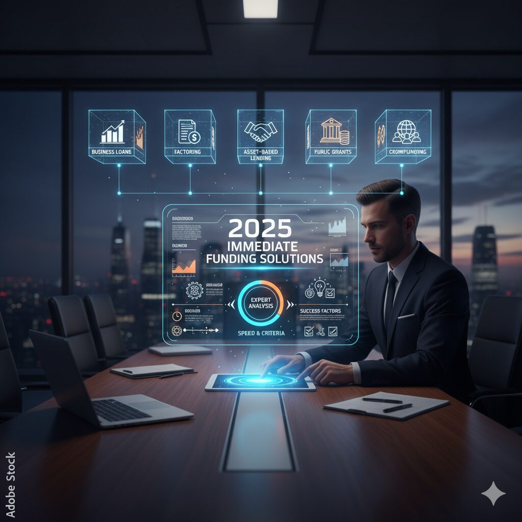 2025年の即日資金調達手法の比較をテーマにしたビジネスイメージ。ビジネスローン、公的融資など多様な資金源と迅速な資金調達を象徴するアイコンが配置されている。