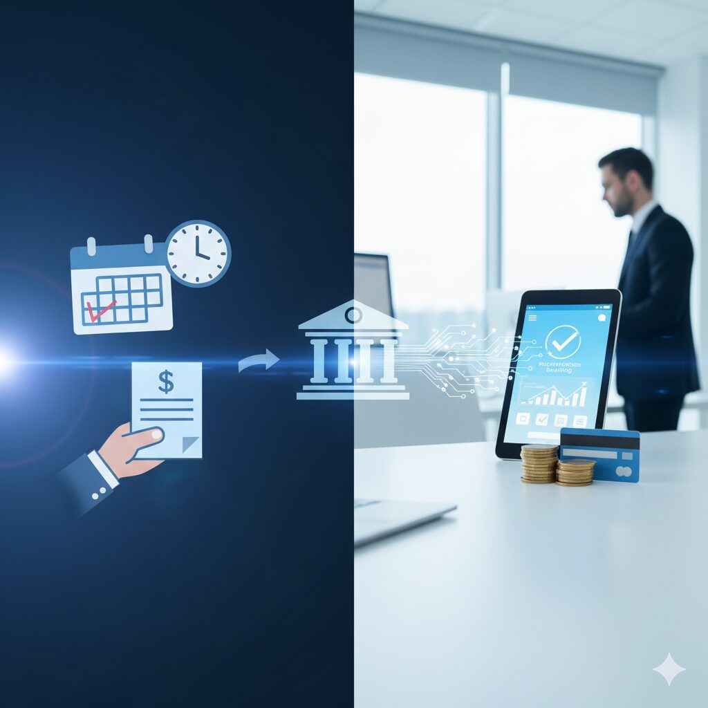 手形取立の適切な時期と資金化プロセスを示すビジネスイメージ。カレンダーや時計で期限を、手形や銀行口座への入金を象徴するオブジェクトで資金の流れを表現している