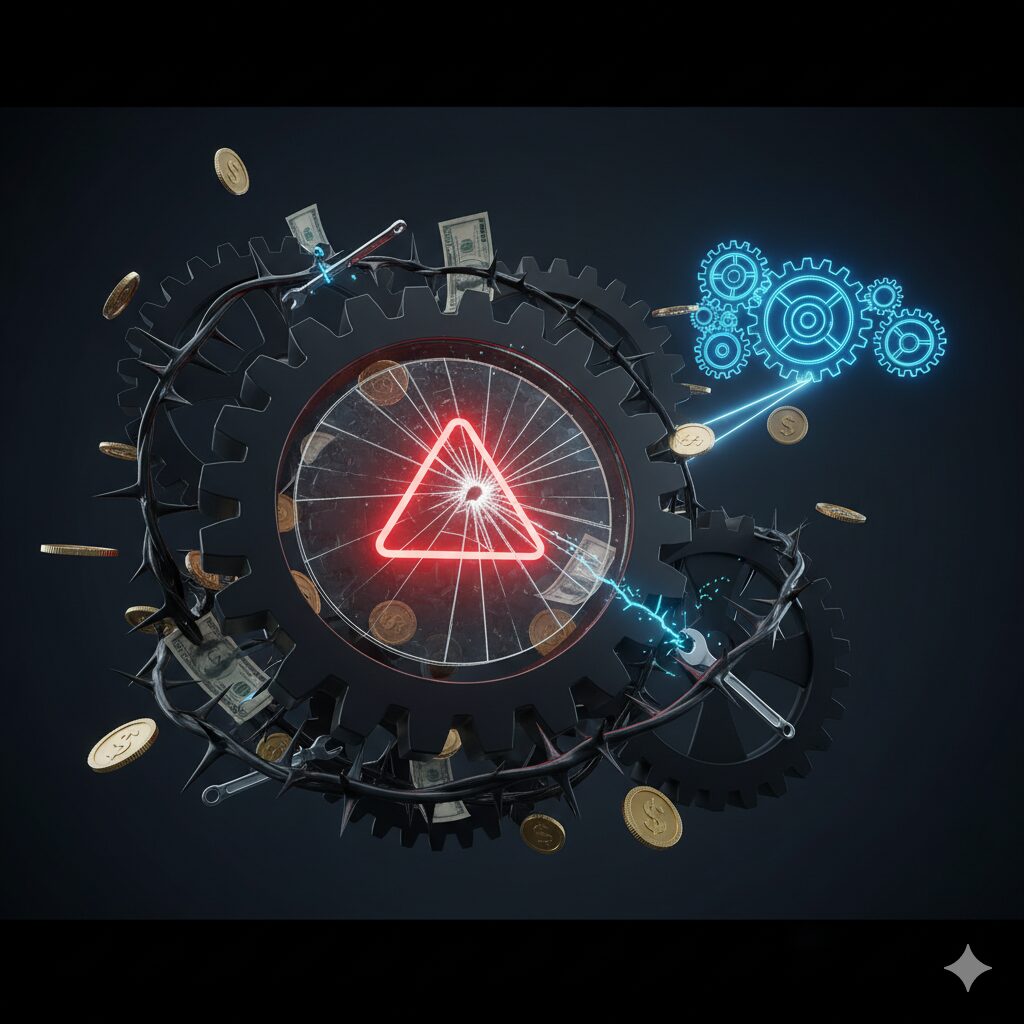 鋭い歯車に棘や現金、コインが絡みつき、中央に赤い警告サインが光る。そこへ青い歯車の連鎖が解決策として伸びる、ファクタリングのデメリットと解決策を示す抽象的な3Dレンダリング。