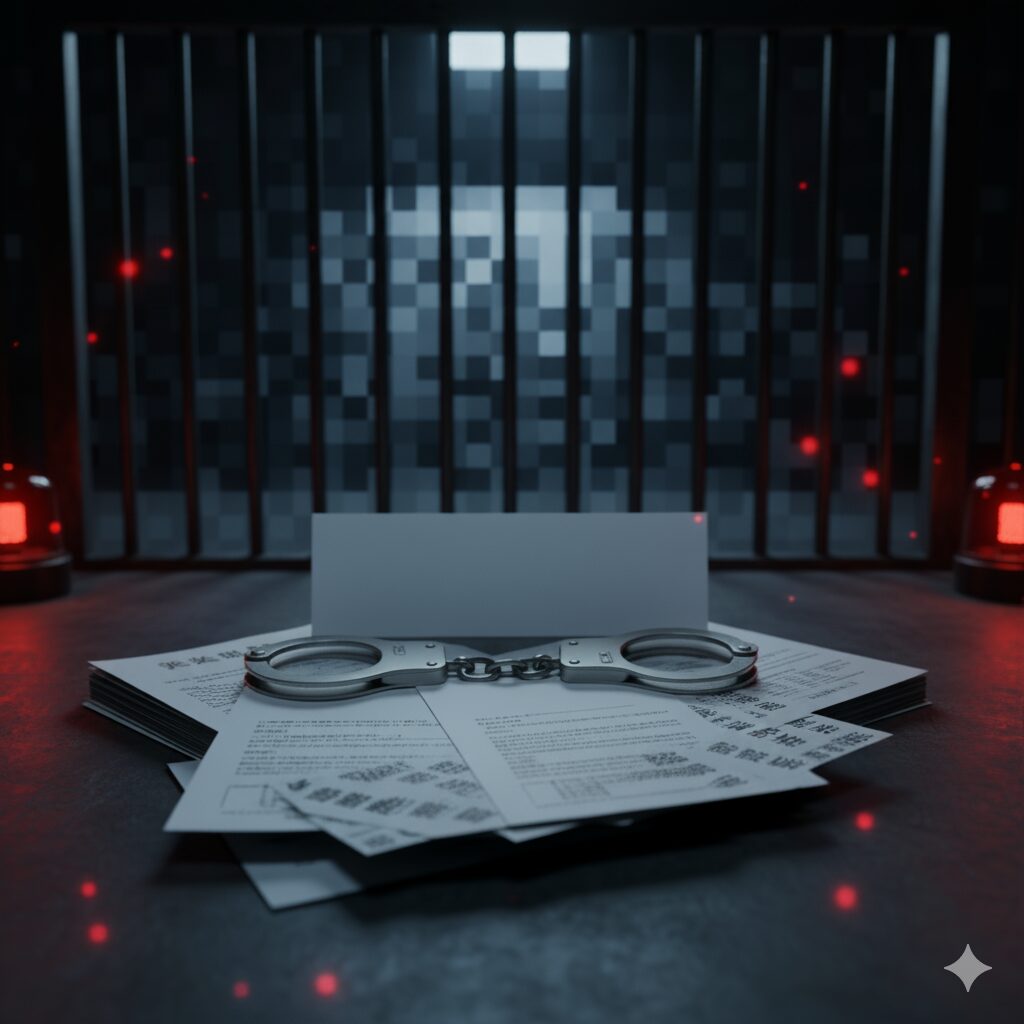 刑務所の鉄格子が背景にあり、手錠と複数の書類が手前に置かれ、全体が不穏な赤色の光で照らされている。