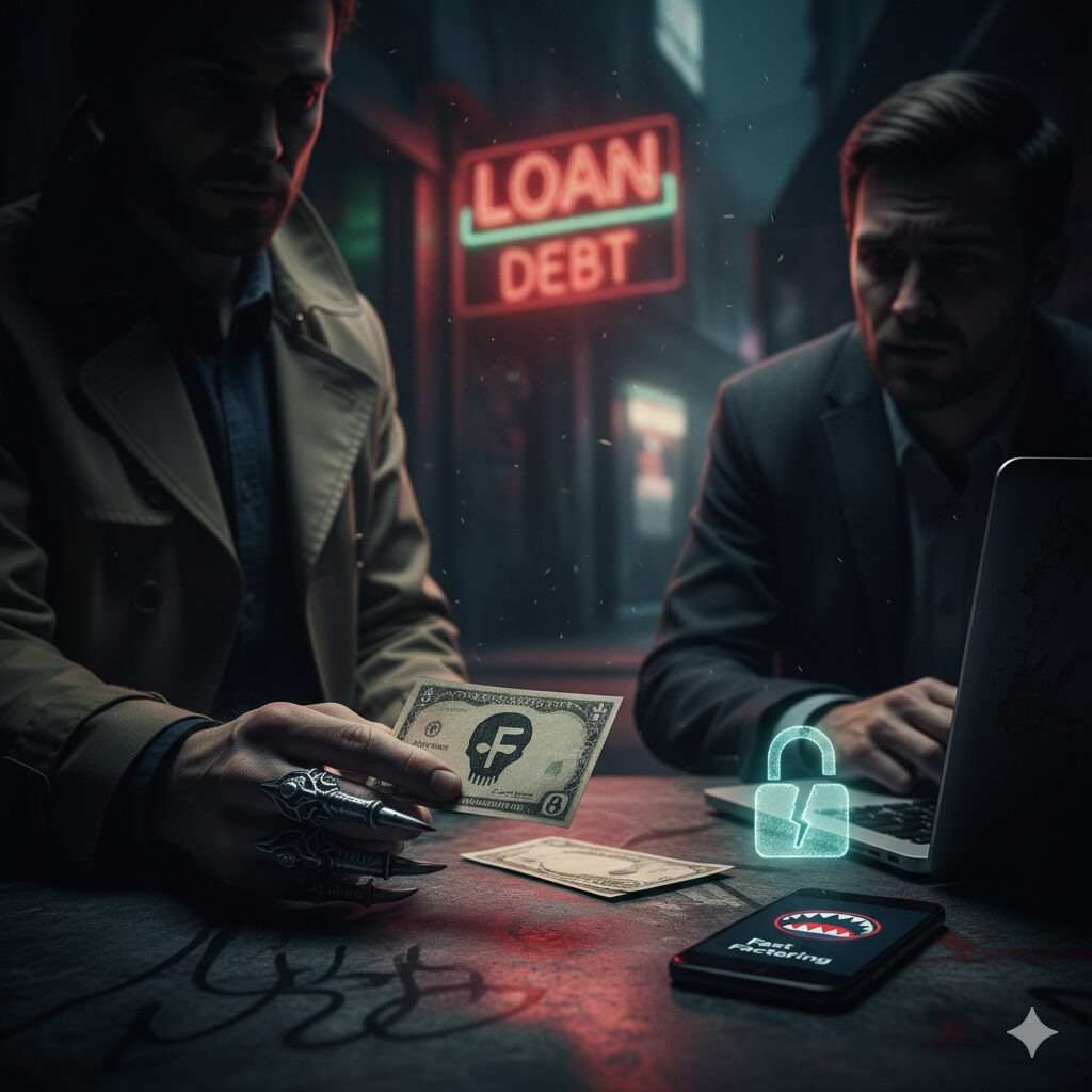 不安げなビジネスマンがヤミ金らしき人物と対峙し、危険なファクタリング取引に直面する様子。