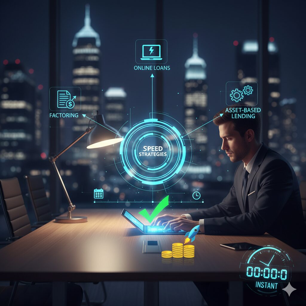 緊急の事業資金調達における3つのスピード調達術を象徴するビジネスイメージ。迅速な対応、解決策、成功への道筋を示すアイコンと、集中するビジネスパーソンが描かれている。