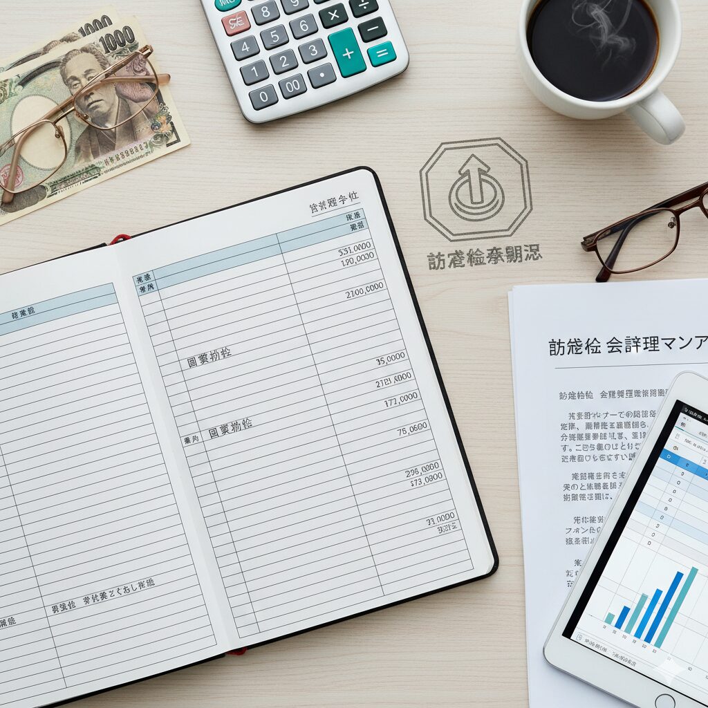 助成金申請書類と計算機、コーヒーが並べられたビジネスデスクの俯瞰図