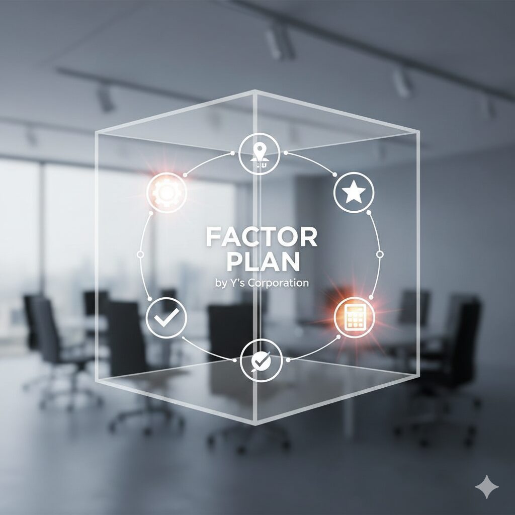 「FACTOR PLAN by Y's Corporation」の文字が浮かび、その周囲を歯車、星、チェックマーク、電卓などのビジネスアイコンが巡り、いくつかのアイコンがオレンジ色に光っている。背景にはモダンなオフィスがぼかして写る。