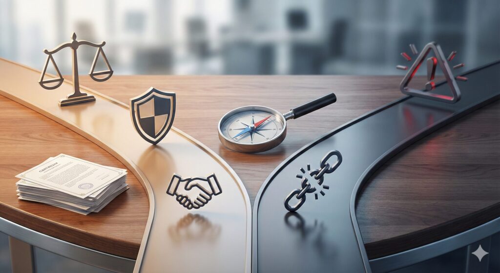 六法全書と天秤、契約書が置かれたデスクで、ファクタリングの法的適合性と違法リスクの比較を象徴するビジネス写真。