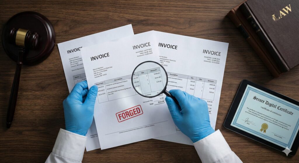 木槌、法律書、デジタル証明書のタブレットが配置され、文書偽造の犯罪捜査と法的リスクを象徴する写真