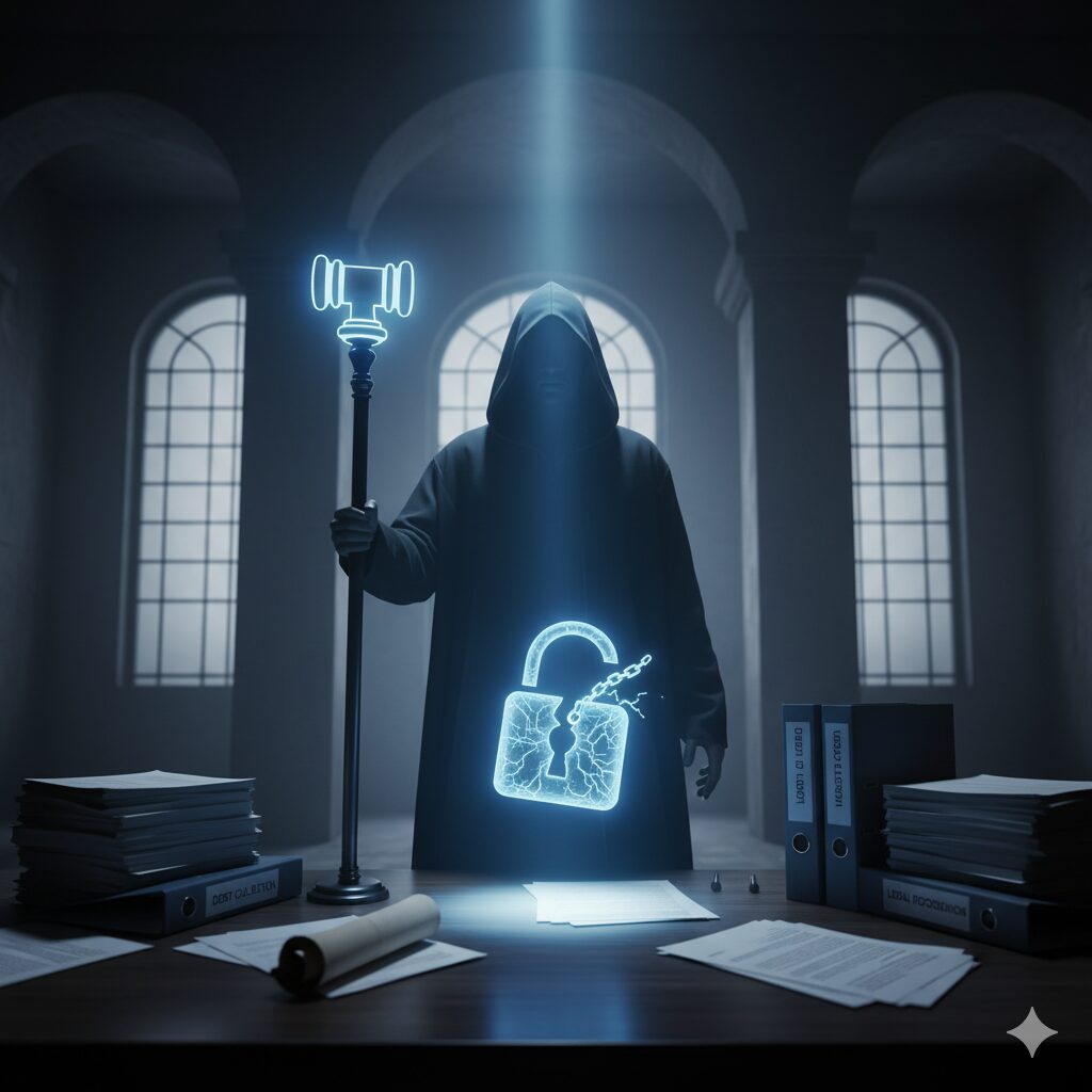 暗い部屋の中央に立つフードをかぶった人物。手には光るハンマーのような棒を持ち、胸元には稲妻が走る光る南京錠が描かれている。デスクには書類とファイルが積み重ねられている。