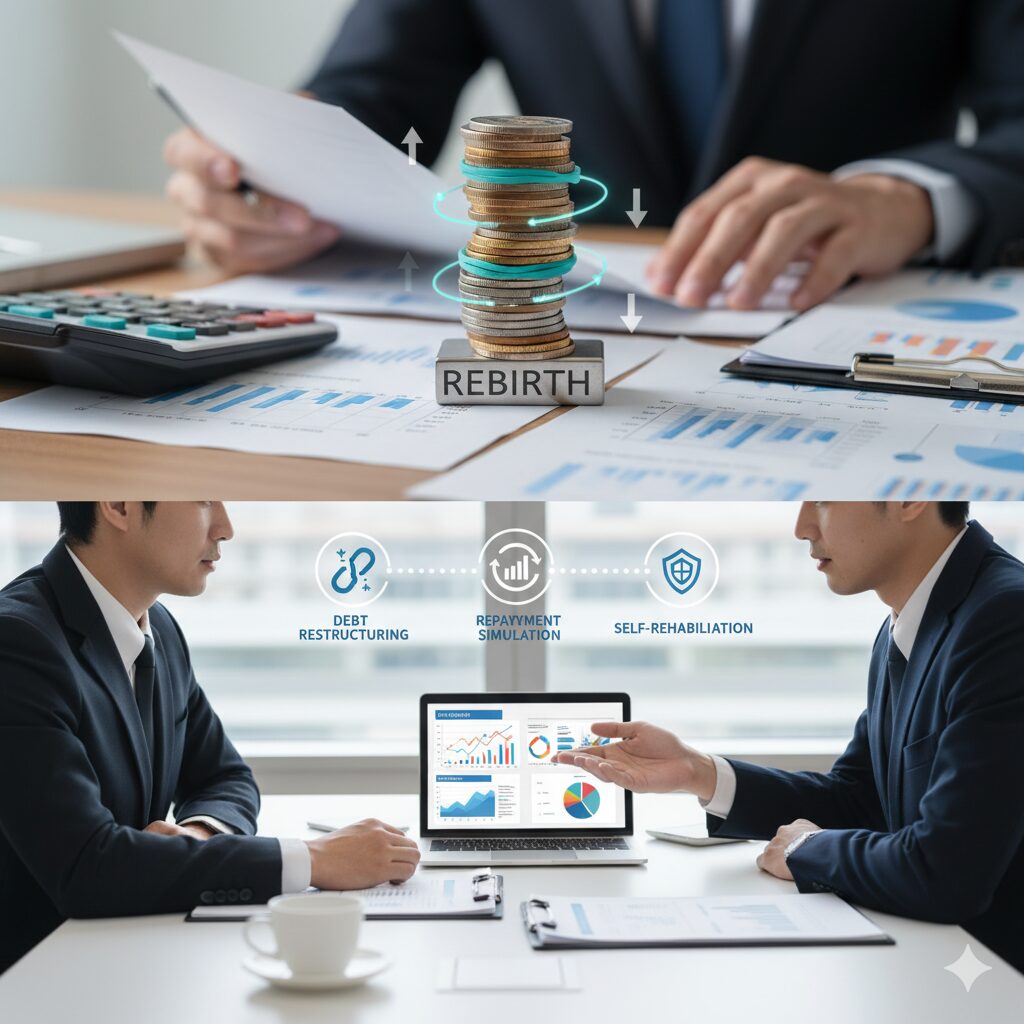 デスクで書類を前に相談するビジネスマンたち、上部には積み重なったコインと「REBIRTH」のブロック、そして「DEBT RESTRUCTURING」「REPAYMENT SIMULATION」「SELF-REHABILITATION」のアイコンが配置されている。