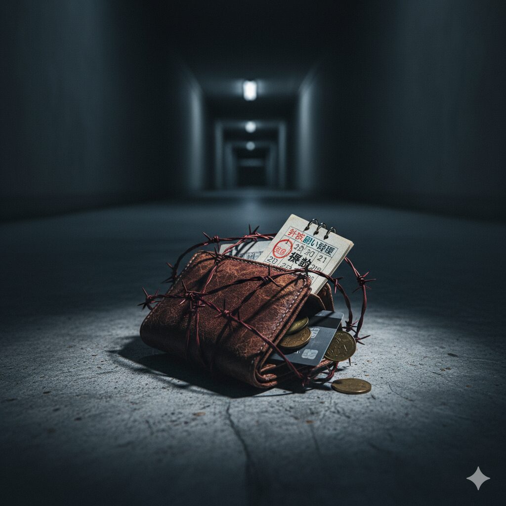暗く細長い通路の床に置かれた、有刺鉄線で縛られた古い革財布。中には硬貨とクレジットカード、そして督促状のような書類が見える。
