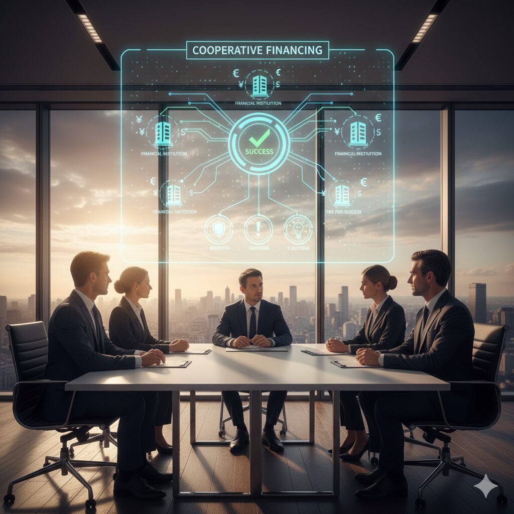 複数の金融機関と企業が協調融資について協議する会議室の様子。複数の機関から資金が提供され、プロジェクトが成功するイメージ。