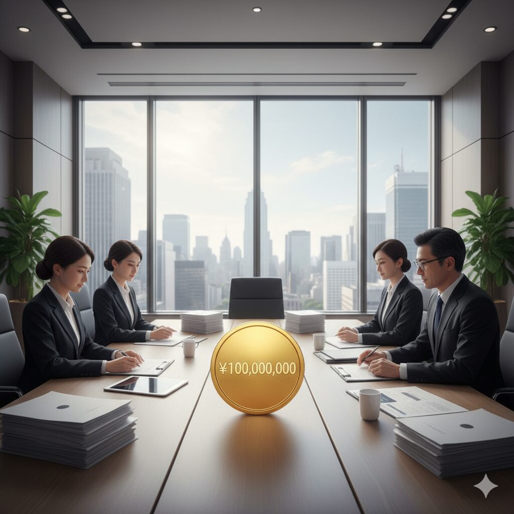 会議室でビジネスパーソンたちが着席し、巨額の融資交渉の場面を象徴している。