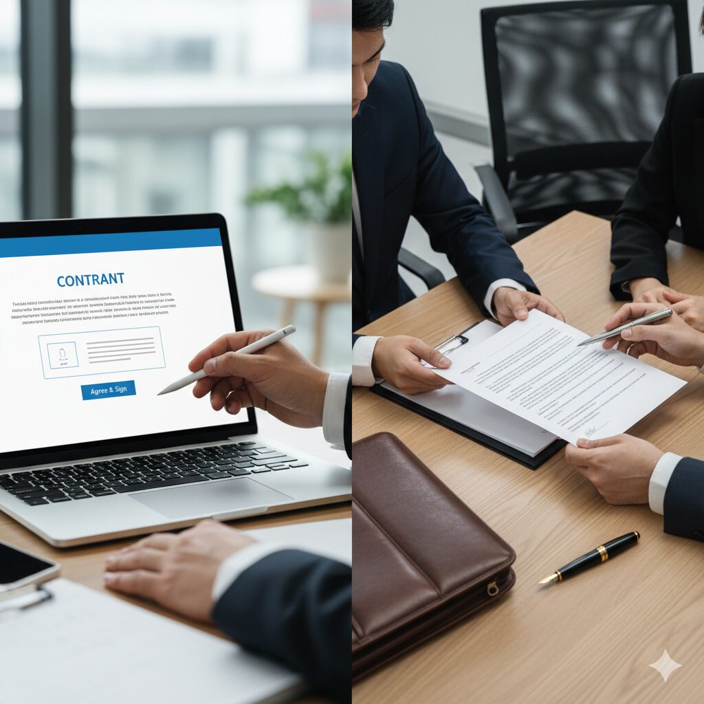 ノートPCでオンライン契約する手元と、対面で書類にサインする手元を比較する構図。