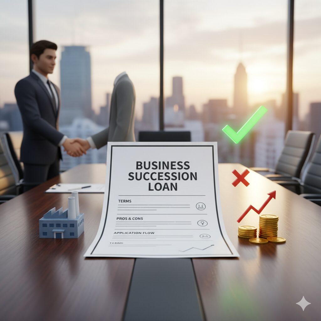 「BUSINESS SUCCESSION LOAN」と書かれた書類が置かれた会議室のテーブル