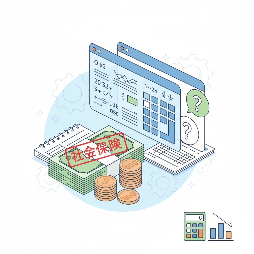 積み重なった紙幣に「社会保険」と書かれた赤いスタンプが押され、その横には計算機や書類、コインが配置されている。社会保険料の負担と計算を視覚的に表現したイラスト。