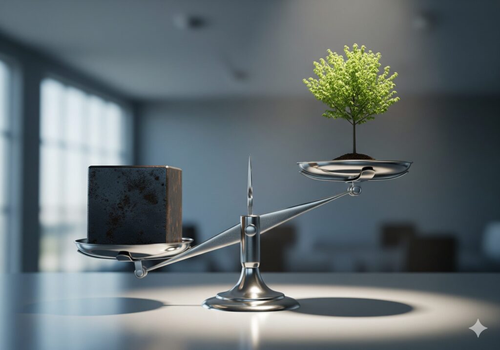 借金と起業のバランスを象徴する天秤。