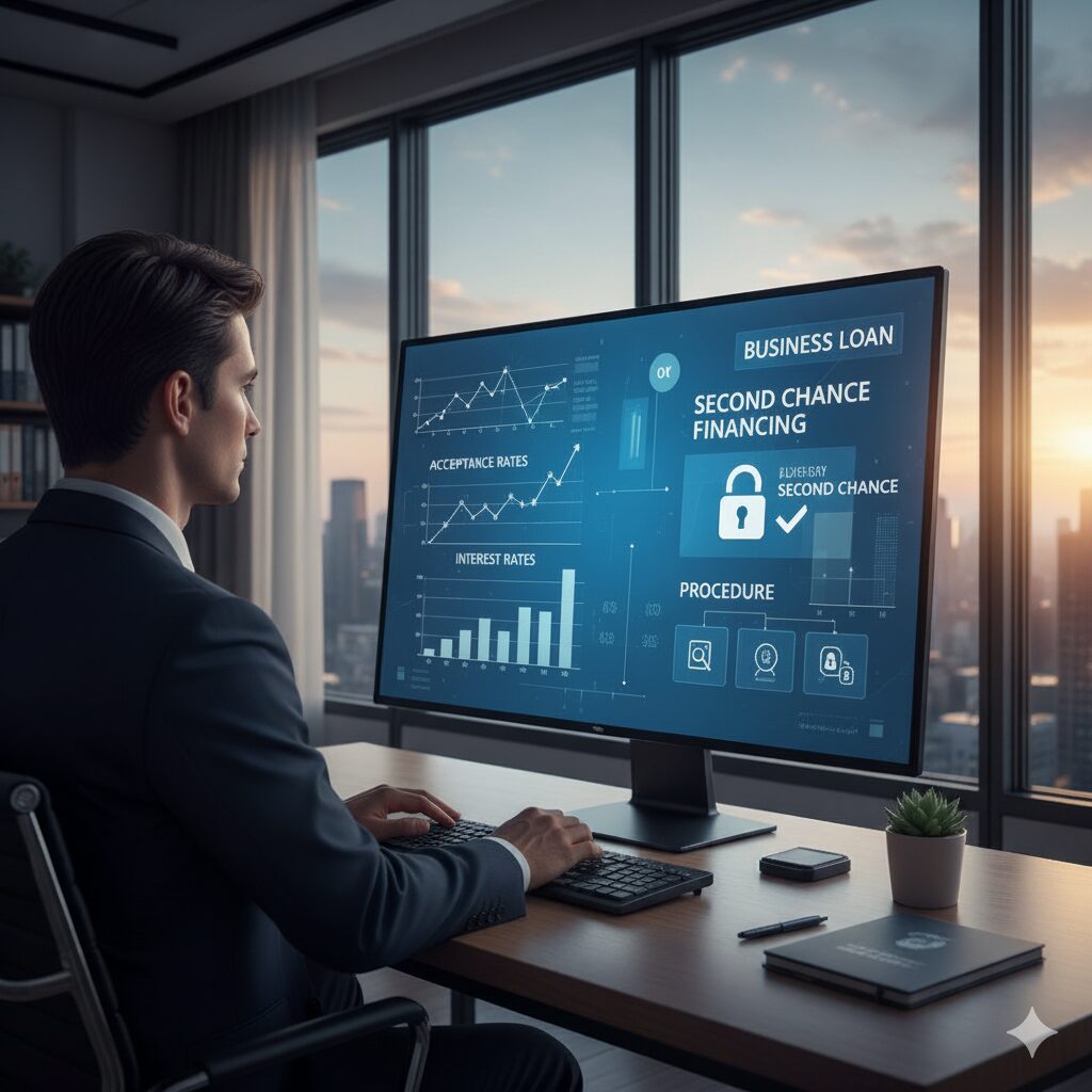 スーツを着た男性がオフィスのデスクでパソコンに向かい、モニターに表示されたビジネスローンの情報、グラフ、チェックリストを見ている