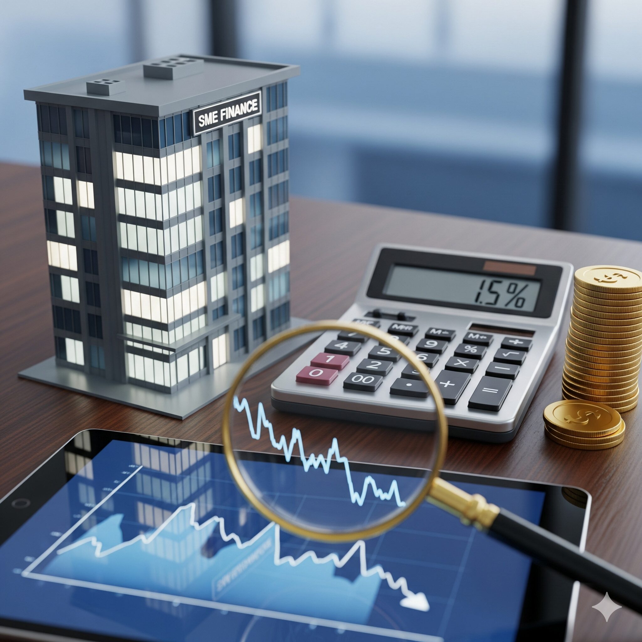 モダンなオフィスビルの模型、電卓、コインが置かれたデスク