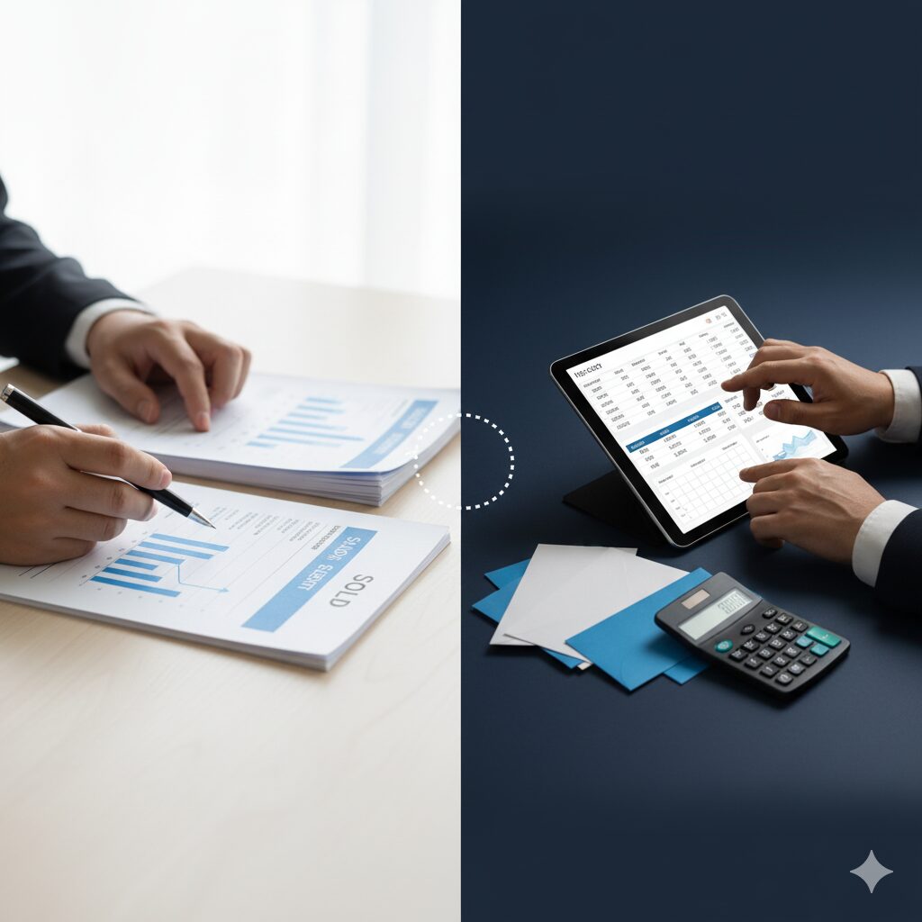 ビジネスパーソンが紙の書類とグラフを分析している手元と、タブレットで会計データを操作し電卓を置いている手元を比較する構図。