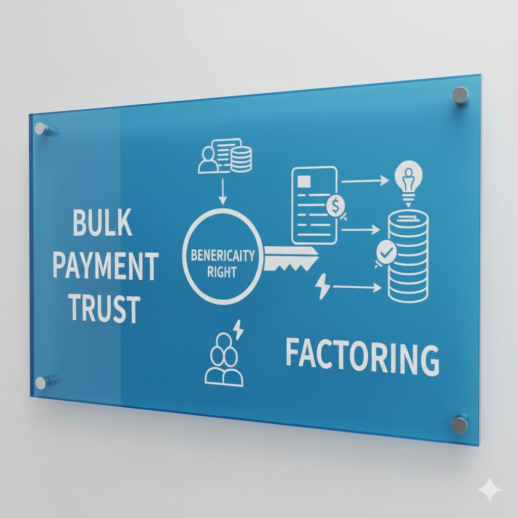 青いアクリル板に「BULK PAYMENT TRUST」と「FACTORING」の文字が書かれた図解イラスト。中央に「BENEFICIARY RIGHT」と書かれた鍵型のアイコンが配置され、資金調達のフローを示している